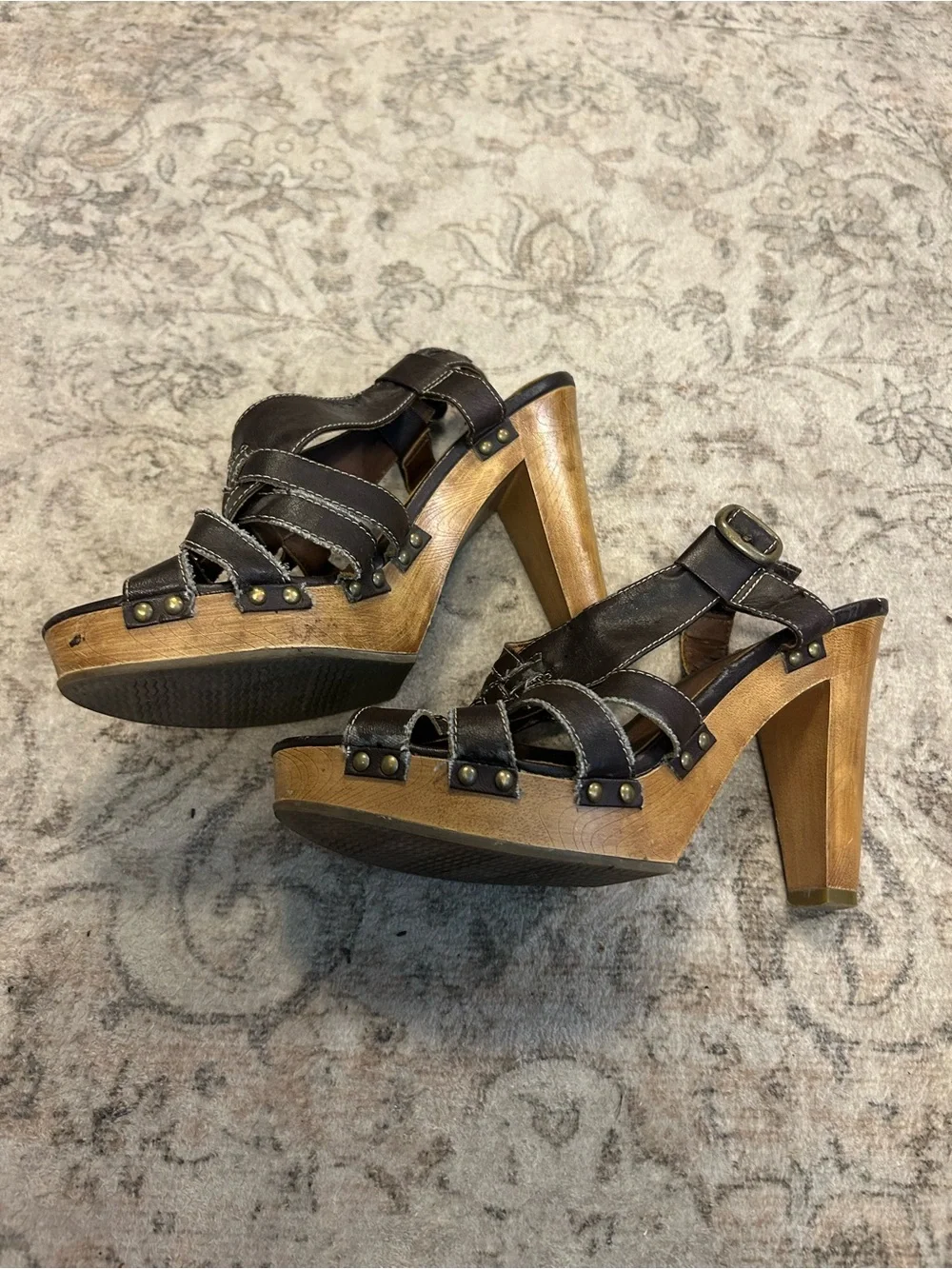 Women's Dark Brown Leather Strap Platform Heels
